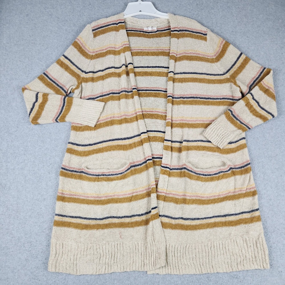 Maurices Longline Cardigan Sweater Womens 1 Beige Knitted Striped Open Front